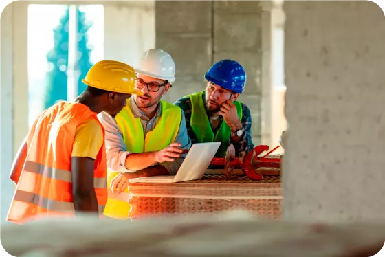 Arbeiter mit Sicherheitshelm, Gehörschutz und Warnweste.
